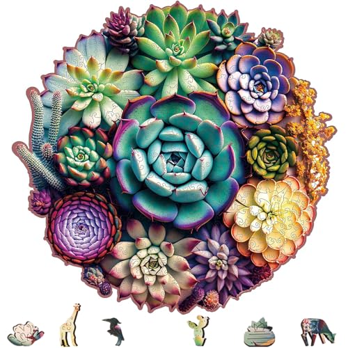 Wooden Jigsaw Puzzles - Mandala Succulent Plants, 1000 Piece Luxurious Shaped Wooden Puzzles for Adults and Kids, Family Game, 23.4'' x 22.6''