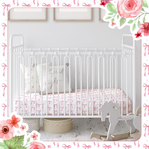Image of Peryiter 2 Pack Crib Sheets for Girls Boys Coquette Bed Sheet Set Fitted 52'' x 28 inch for Standard Crib Mattress Stretchable Soft Toddler Aesthetic Nursery Decor(Bow,Pink)