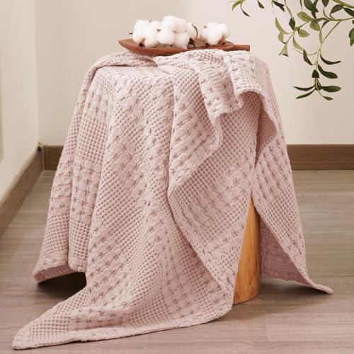 Image of PHF 100% Cotton Waffle Throw Blanket for Couch, Lightweight Breathable and Soft for Summer, Luxury Aesthetic Waffle Weave Blanket for Home Decor & Office, Gifts for Women, 50 inchx60 inch, Pink /Mauve
