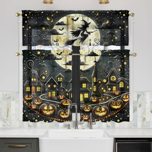 Qeenking Halloween Kitchen Curtains Valances and Tiers Set for Windows Witch Moon Pumpkin Bathroom Window Curtain Valance 3 Piece Sets Kitchen Decor for Living Room 54x 36