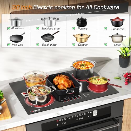 30 Inch Electric Cooktop 5 Burners, 8500W Built-in Radiant Ceramic Stove Top with Dual Expandable Heating Zone, Touch Control 9 Power Levels, Timer & Child Lock, Hard Wired 220-240V