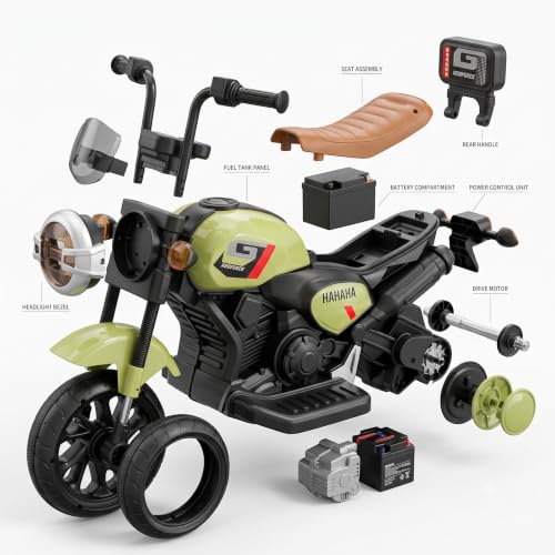 Image of Srecap Ride Xtreme Electric Bike for Kids | 6V Battery, MP3 Player, USB, Bluetooth, LED Lights & Foot Accelerator | Battery-Operated Ride-On Bike with Backrest for Boys & Girls Aged 1-4 Years (Green)