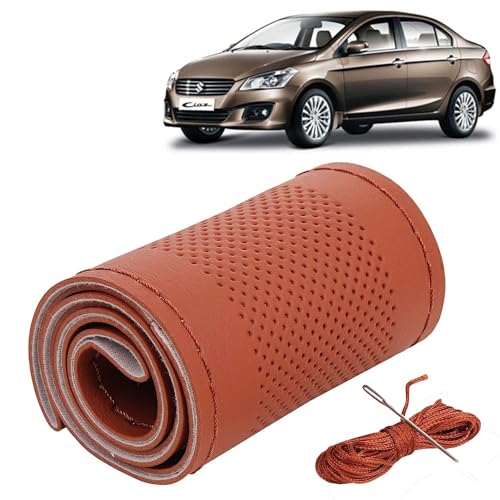 Image of KINGSWAY PU Leatherite Car Steering Cover Sewable Compatible with Maruti Suzuki Ciaz (Year 2014-2017), Tan Color with Tan Thread, Pack of 1 with Sewing Needle and Thread