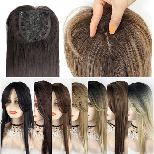 QIANCHUN Middle Part Forehead Hairline Replacement Wiglet 45cm Clip in Synthetic Topper with Bangs Seamless Hairpiece (Light Brown)