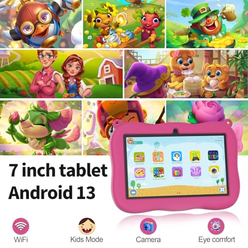 Image of VASOUN 7 inch Kids Tablet with Strap, Android 13 with 32GB Toddler Tablet,WiFi, Dual Camera,Time Limits, Age Filters,Parental Controls,Kids Software Pre-Installed with Silicone Case (Pink)