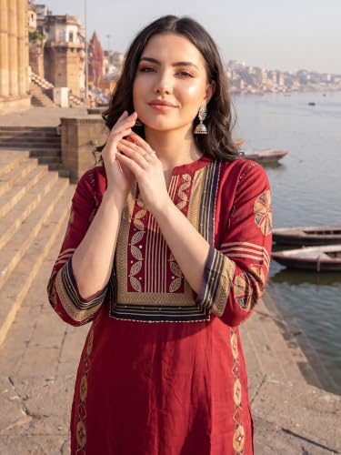 Image of INDO ERA Women's Pure Cotton Abstract Printed Mirror Work Kurta & Pant with Dupatta Set (IEAI13205)|Cotton Suits For Women With Dupatta