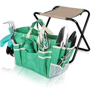 Kitness 9 PCS All-in-one Garden Tools Set Heavy Duty Cast-Aluminium Alloy Gardening Tools Kit with Folding Stool Seat&Detachable Canvas Tool Bag Great Gifts for Gardening