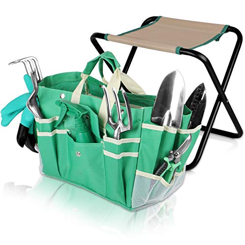 Kitness 9 PCS All-in-one Garden Tools Set Heavy Duty Cast-Aluminium Alloy Gardening Tools Kit with Folding Stool Seat&Detachable Canvas Tool Bag Great Gifts for Gardening