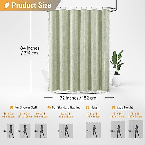 BTTN Extra Long Shower Curtain, 72x84 Inch Long Boho Tassel Linen Fabric Shower Curtain Set with Plastic Hooks, Large Modern Farmhouse Country Decorative Cloth Shower Curtain for Bathroom, Sage Green - Thumbnail 6