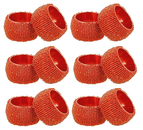 Image of COTTON CRAFT Glitz Beaded Napkin Rings - Set of 12 - Handmade Rust Napkin Ring Holders for Dining Table Decor - Elegant Beaded Napkin Rings for Weddings, Parties, Brunch, Holiday Table Settings