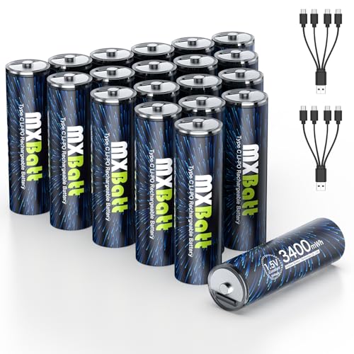 MXBatt Pilas Recargables AA 1.5V USB C 3400mWh Alta Capacidad, Pilas AA Recargables Litio 20 Pieces con Cable Puerto USB C 1500 Ciclos