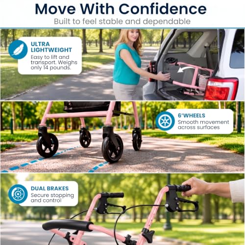 Image of Vive Ultra Lightweight Rollator Walker with Seat - Foldable, Narrow