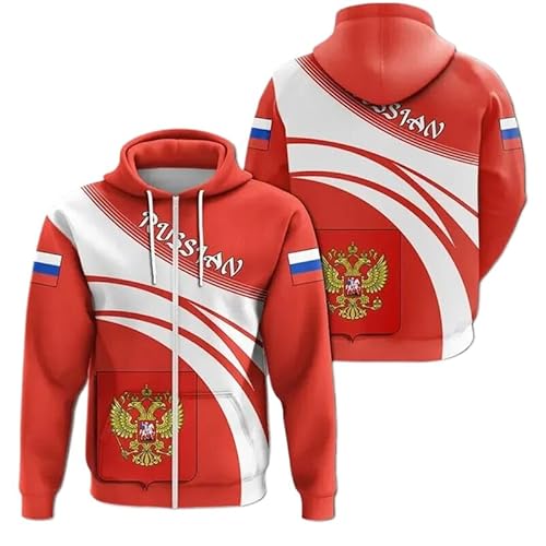 KETAFOUND Kapuzenpullover Mit Reißverschluss Für Herren – Hip-Hop-Sweatshirt Mit 3D-Druck, Langärmelig, Winter-Kapuzenoberteil Mit Russland-Flagge Und Karte Und Taschen, Vintage-Strick