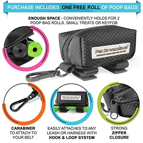 Image of Pet Dreamland Dog Bag Dispenser - Pet Waste Bag Holder Leash Attachment - Includes one Free Roll of Poop Bags - Zippered Pouch, Hook&Loop Straps and Carabiner Clip for Easy Carry (Black)