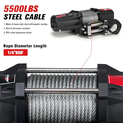 Winche eléctrico 5500 LBS con cable de acero y cuerda sintética 12 V miniatura 4