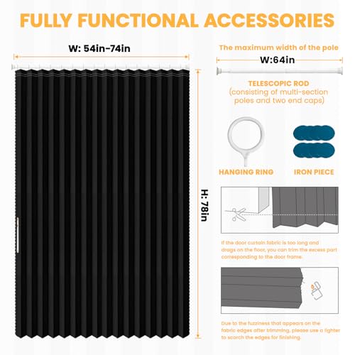 Image of AJAZZ Blackout Sliding Door Curtains with Curtain Rods Adjustable 28-63 inch Long, Magnetic Door Curtain for Bedroom Living Room Doorway Curtain Sets (1 Pack, 72 W x 78 L, Black)
