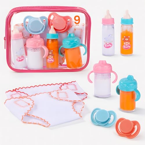 BABESIDE Baby Doll Accessories – 9 Pcs Feeding Set with Magic Bottles, Pacifiers, Bibs, Diapers & Carry Bag, Pretend Play Kit for 12–15 Inch Dolls