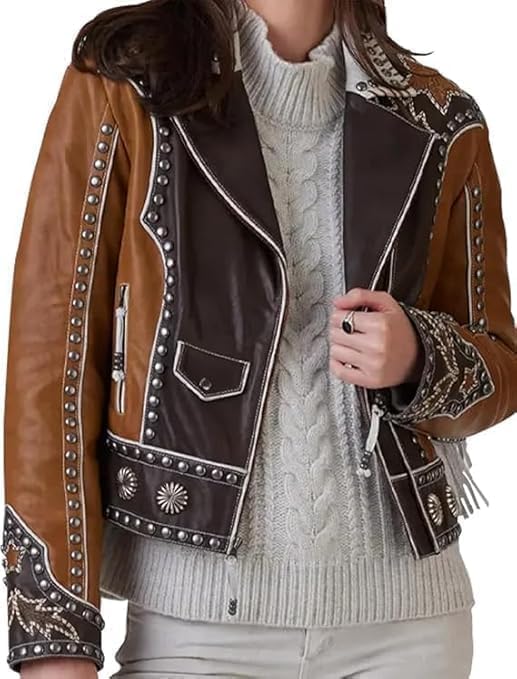 Women's Traditional Native American Fringe Leather Jacket - Traditional Western Culture Studded Cowhide Leather Jacket