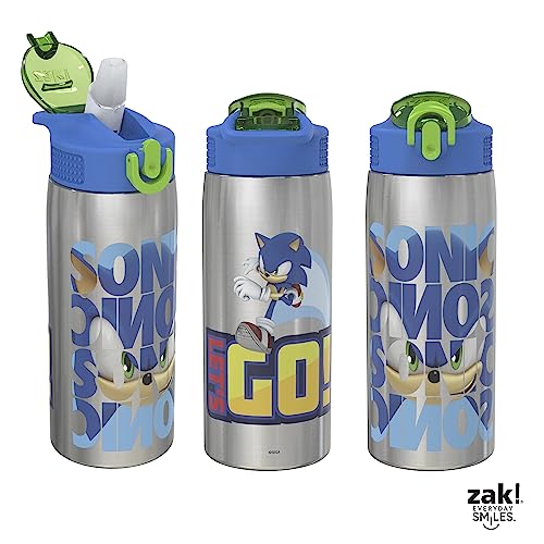 Image of Zak Designs Sonic the Hedgehog Water Bottle for Travel and At Home, 19 oz Vacuum Insulated Stainless Steel with Locking Spout Cover, Built-In Carrying Loop, Leak-Proof Design (Sonic)