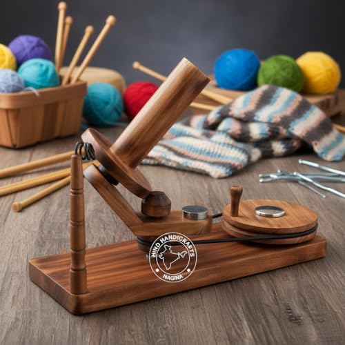 Image of Hind Handicrafts Wooden Yarn Ball Winder - Handcrafted Natural Wood Winder for Knitting & Crochet - Center Pull Yarn Winder for Skeins, Hanks & Loose Fibers - Ideal Knitter's Gift & Craft Tool