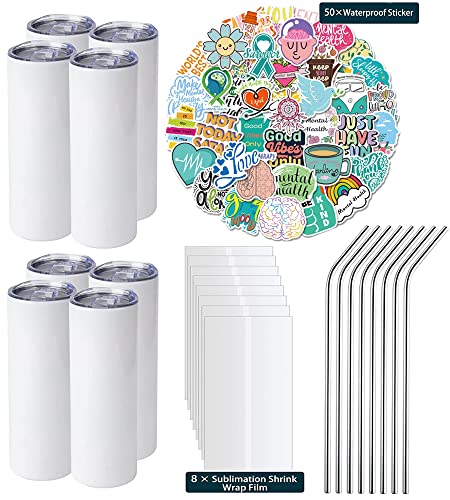 8 Pack Sublimation Tumbler - 20 Oz Tumbler With Lid And Straw Insulated Tumbler Skinny Double Wall Tumbler Cups Travel Coffee Mug Stainless Steel Vacuum Mug With Metal Straw,Leak-Proof Lid,Shrink Wrap #TOP6