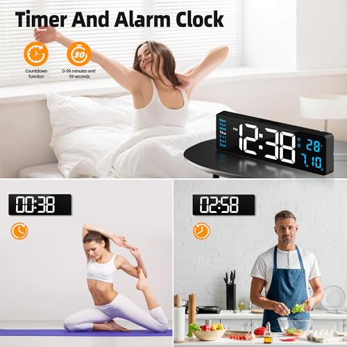 Image of Maxstar 16 inch Digital Wall Clock with Music,Large LED Display,Remote control,Dual Alarm,DST,Date,Week,Dimmer,Temperatur,Jumbo Number,Night Light for Living Room|Office|Kitchen|Farmhouse|Desk Decor(Blue)