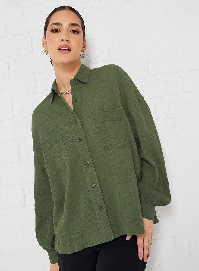 Image of Styli Women Drop Shoulder Crepe Oversized Shirt | Stylish Casual Shirt for Women | Comfortable Tops | Perfect for Office, Travel & Daily Outfits