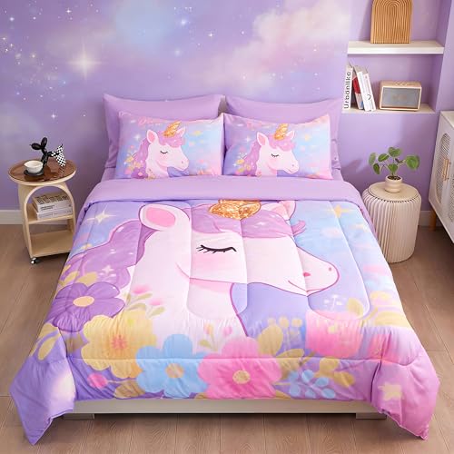 Image of Unicorn Bedding Full Size for Girls 7 Piece,3D Colorful Purple Unicorn Comforter Set for Girls, Ultra Soft and Fluffy, Flower Bed Set with Comforter Sheets Pillowcase & Sham