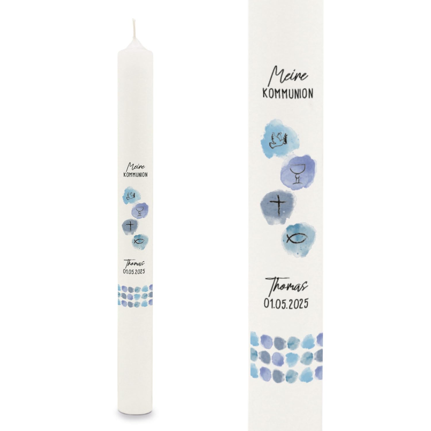 GRAVURZEILE Bedruckte Stabkerze - Watercolor - Personalisiert mit Name & Datum - Geschenk zur Taufe, Kommunion oder Konfirmation - Für Jungen & Mädchen - Altarkerze 400/40 mm - Blau