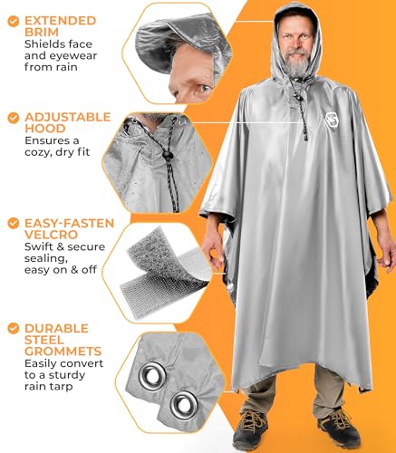 Image of Foxelli Rain Poncho for Adults - Extra Long Reusable Waterproof Raincoat with Hood, Lightweight for Hiking, Camping, Outdoors