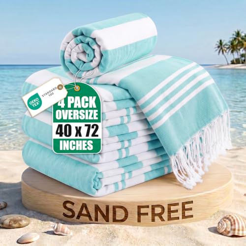 Utopia Towels - 4 Pack Turkish Beach Towel (40 x 72 Inches) - 100% Cotton Big Beach Towels Oversized - No Sand, Lightweight & Quick Dry - Prewashed for Soft Feel (Aqua)