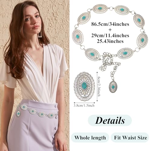 1 Pcs Western Turquoise Belts for Women,Adjustable Green Oval Round Flower Turquoise Belt,Boho Style Waist Chain Western Metal Belts for Woman,Cowgirl Chain Belt Using on Dresses and Jeans3