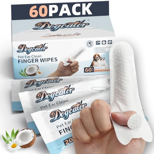 Dogcator Dog Ear Wipes, Ear Wipes for Dogs Cats, Dog Ear Cleaner Finger Wipes for Ears, Teeth, Eyes, Paws, Fresh Coconut Scent Ear Infection Treatment, 60 Pcs Individual Packaging