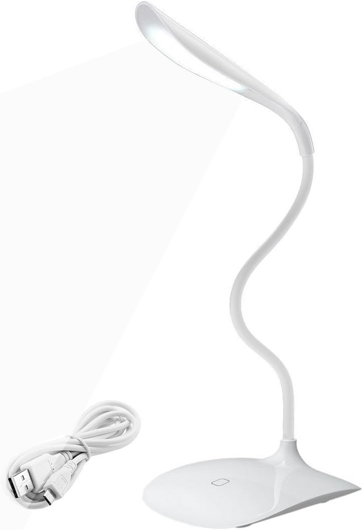 Dimmable LED Desk Lamp, TILO Eye-Care Stepless 3 Dimming Levels Table Lamp with Touch Sensitive Control USB Rechargeable,Adjustable Gooseneck Book Light for Studying,Reading,Camping,Working (White)