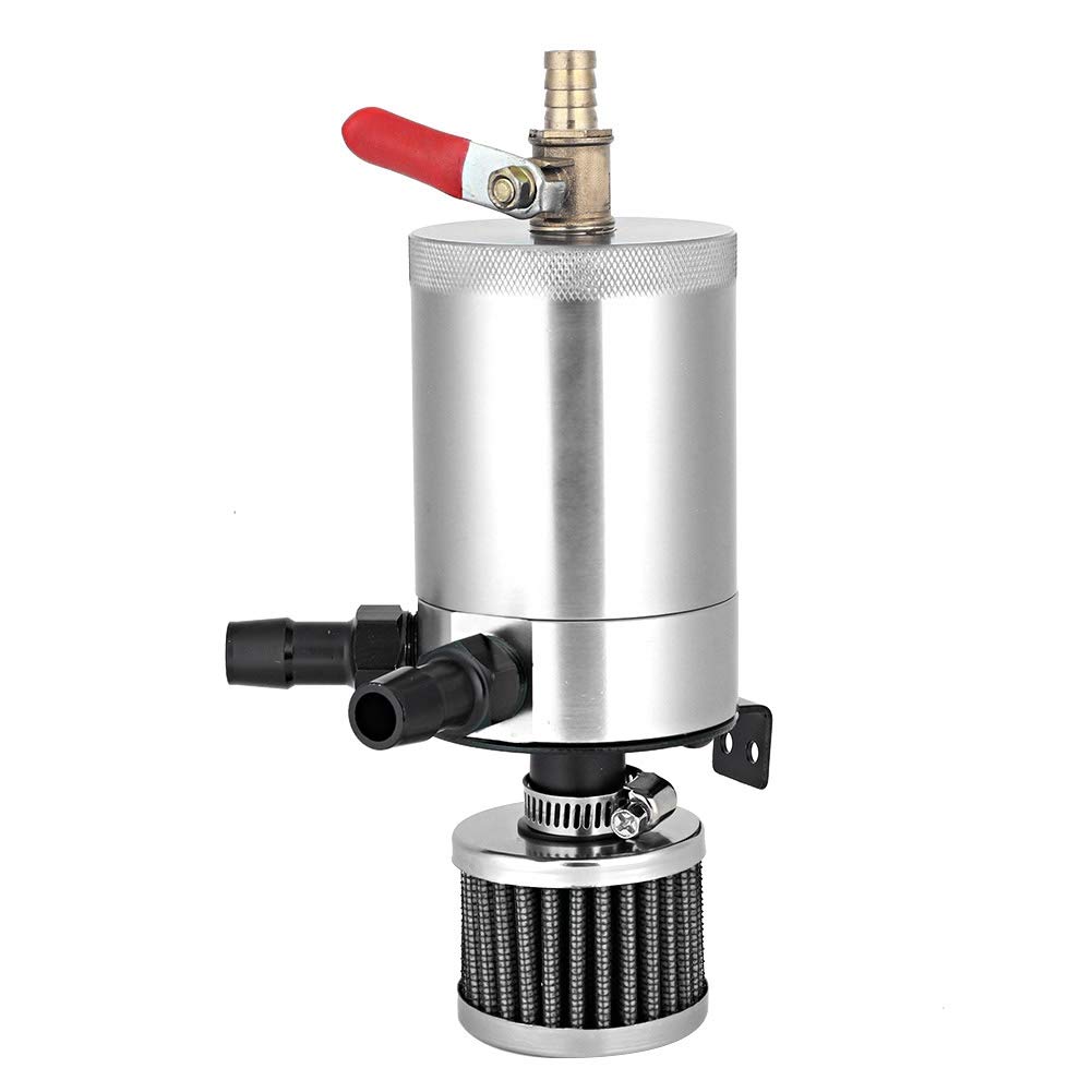 VOBOR Decantador Aceite Coche, Universal Aluminium Alloy Motor Aceite Olla Oil Catch Can, Kit De Lata De Captura De Aceite, Depósito de Aceite con Filtro de Aire (Plata)