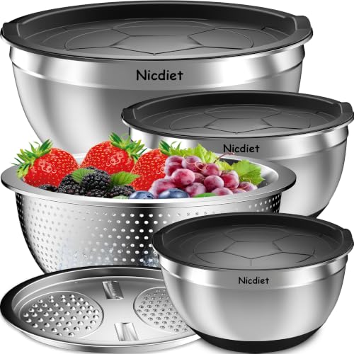 Mixing Bowls with Airtight Lids Stainless Steel Mixing Bowl Set with 3 Nesting Kitchen Metal Bowls Colander & Grater Non-Slip Bottoms Size 1.5 2.5 5 QT Great for Mixing & Serving Black