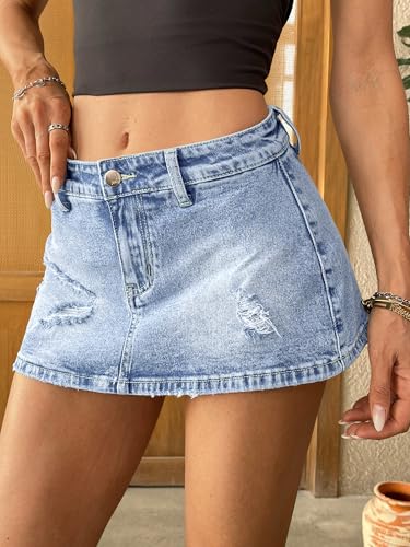 ELLEVEN Jean Skirt Skort for Women Denim Mini Skort Skirt with Shorts Underneath Y2k Elastic Low Rise Ripped Casual Streetwear Skorts Light Wash Small - Thumbnail 2