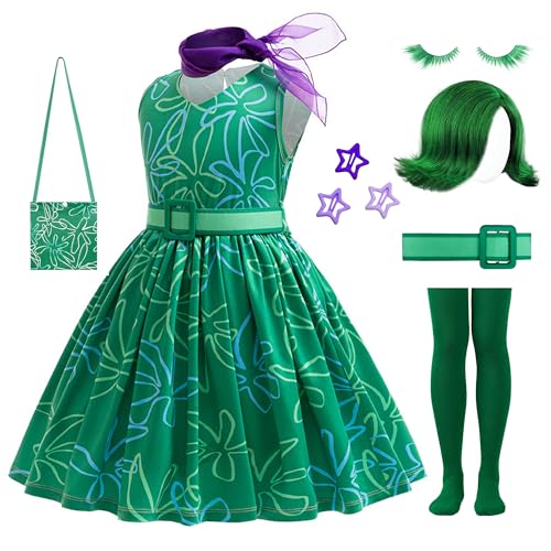 RuuYiicoco 10Pcs Girls Green Disgust Costume Cosplay Dress up Halloween Outfits with Wig (Green 6-7 Years)