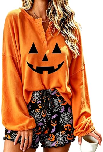 Image of Roshop Halloween Pajama Women's Pumpkin Top & Shorts Loungewear Set