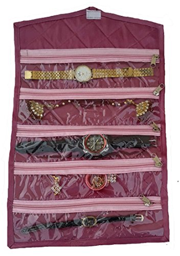 Indi Bargain Satin Jewellery Organizer/Wrist Watch/Payal/Chain/Bracelet Foldable Cover, 42X26cm – Dark Pink