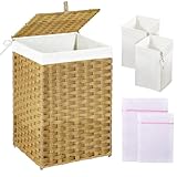 GREENSTELL Laundry Hamper with Lid, 60L Clothes Hamper with 2 Removable Liner Bags & 2 Mesh Laundry Bags, Handwoven Synthetic Rattan Laundry Basket for Clothes, Toys in Bathroom, Bedroom Natural