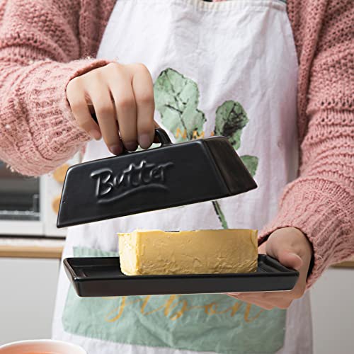 Porcelain Butter Dish With Lid, Henten Home Classic Matte Butter Keeper For Countertop, Large Butter Holder For Butter Storage, Dishwasher Safe (Matte Black) #TOP4
