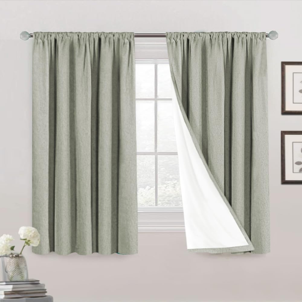 PrinceDeco Blackout Curtains 63 Inches Long 100% Blackout Curtains for Bedroom Rod Pocket Linen Textured Curtains Energy Saving with White Liner, 2