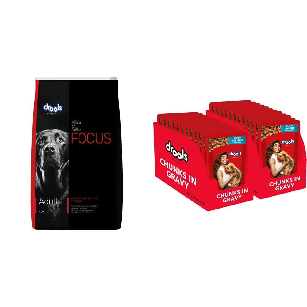 Drools Focus Adult Super Premium Dry Dog Food, Chicken, 4kg&Drools Puppy Wet Dog Food, Real Chicken and Chicken Liver Chunks in Gravy, 24 Pouches (24 x 150g) (B0BP647VTK) Amazon Price History, Amazon Price Tracker