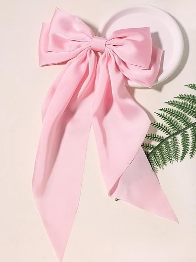 Image of Big Satin Layered Hair Bows for Women Girls 11.5 Inch Barrette Hair Clip Long Back Ribbon Bows French Style Hair Accessories (Cream,BabyPink)