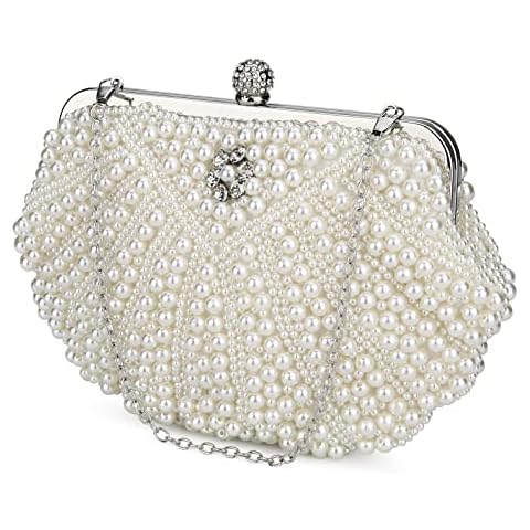 BAIGIO Womens Evening Clutch Bag Ladies Banquet Bag with Pearl Chain Clutch Fashion Handbag for Wedding Party Bridal (White) Cover