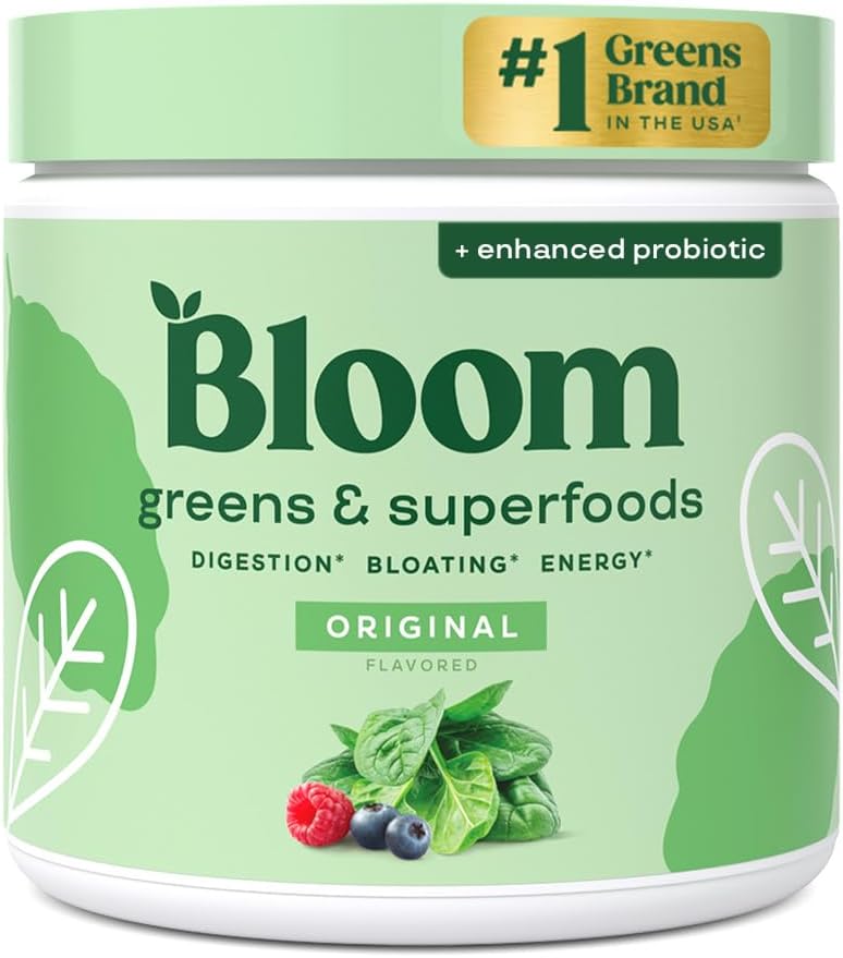 Bloom Nutrition Superfood Greens Powder, Original, 30 Servings | Digestive Enzymes with Probiotics and Prebiotics, Gut Health, Bloating Relief for Women, Chlorella, Green Juice Mix