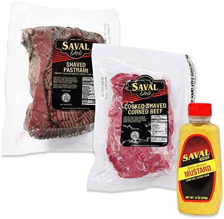 Saval Deli | Pastrami Brisket, Sliced; Corned Beef, Shaved; Spicy Brown Mustard | Gluten Free, USDA Choice Beef | 2 pounds, pack of 2