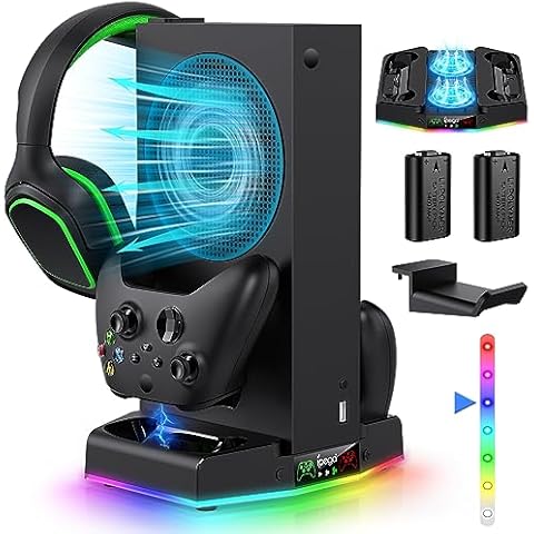 Cooling Stand & Charging Station for Xbox Series S with RGB Light Strip,Dual Controller Charger & Cooler Fan for XSS Console Accessories with 2*1400mAH Rechargeable Battery Pack,1*Headphone Hook,Black Cover