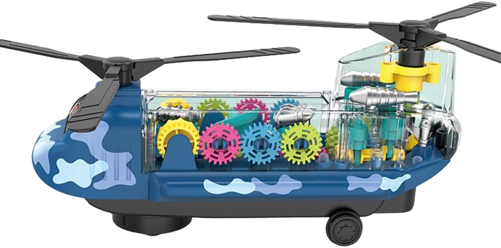 Miracland Transparent Gear Transport Helicopter for Kids, Light-up Bump & Go Car Toy Helicopter Musical Toy Military Model Toy for Kids with Lights, Music and Dual Rotatable Rotor Blades (Blue)